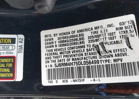 2013 Honda Cr-V Ex-L z USA, uszkodzony, nr VIN 5J6RM4H75DL056499